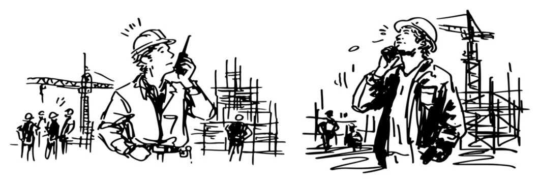 Site manager communicating via radio at construction site with cranes in hand drawn sketch style
