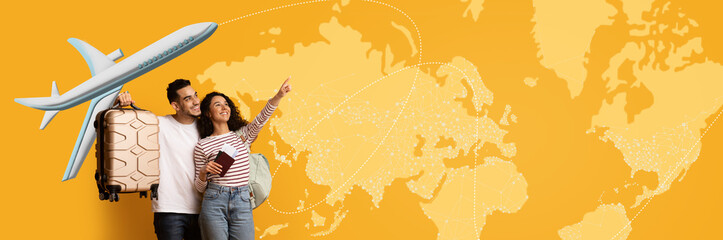 A couple stands together with a suitcase and a travel document. One person points at a world map while an airplane is seen above. This scene highlights travel and exploration.