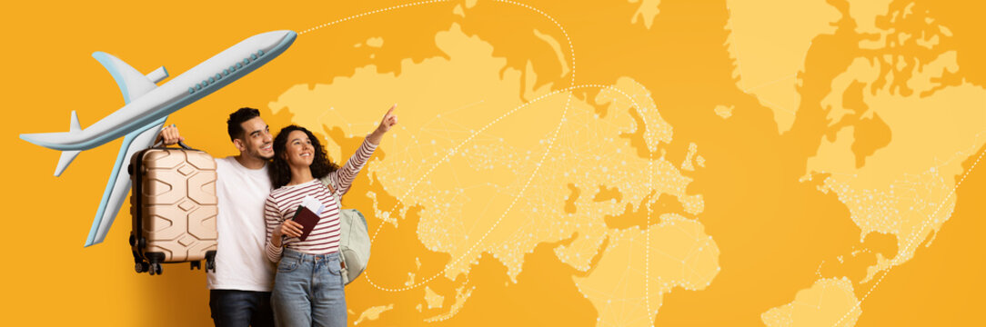 A couple stands together with a suitcase and a travel document. One person points at a world map while an airplane is seen above. This scene highlights travel and exploration.