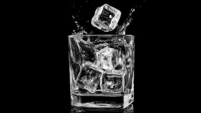 Un cubo de hielo cae en un vaso de bebida refrescante de color transparente sobre fondo negro