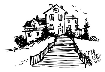 Fototapeta premium Large house on a hill with a long staircase path in a hand drawn sketch style
