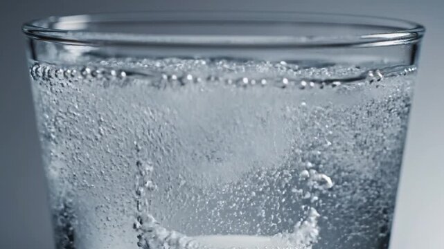Effervescent tablet falling into a glass of water and dissolving. Close-up of white medicine pill fizzing with bubbles. Healthcare and vitamin supplement concept
