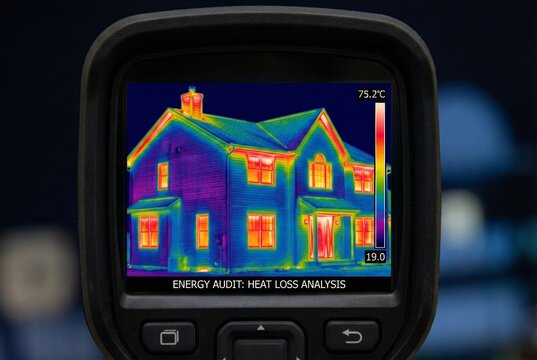 Infrared thermal image of residential home exterior detecting energy leaks and thermal efficiency
