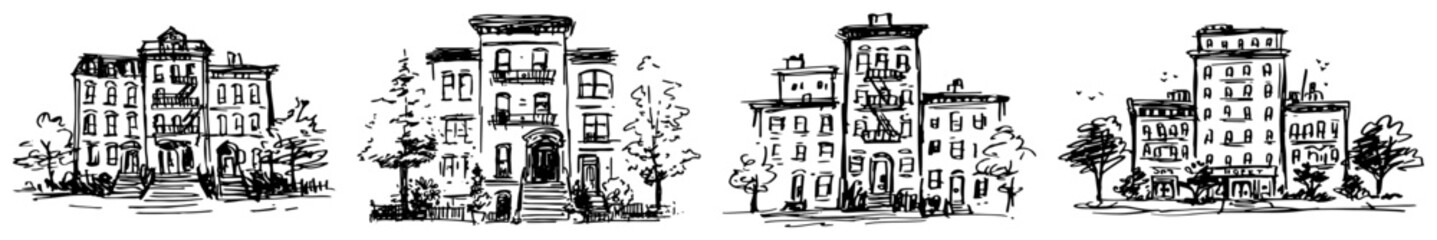 Obraz premium Classic urban apartment buildings with brick facades and city architecture hand drawn sketch