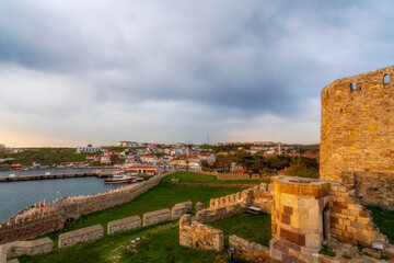Naklejka premium Bozcaada, Çanakkale Castle, town center architecture and environmental details, wind turbines located on the west of the island.