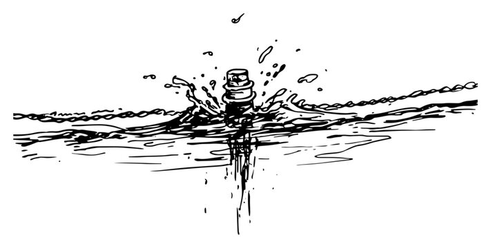 Submarine periscope emerging from ocean water surface with splash hand drawn sketch