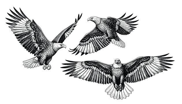 Bald eagle soaring in air monochrome illustration. Isolated, vector of eagle engraving style