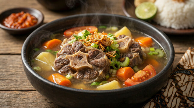 A hot steaming bowl of rich oxtail soup with beef, carrots, potatoes and green onions on a wooden table is served with white rice, spicy red sambal, and fresh green lime.