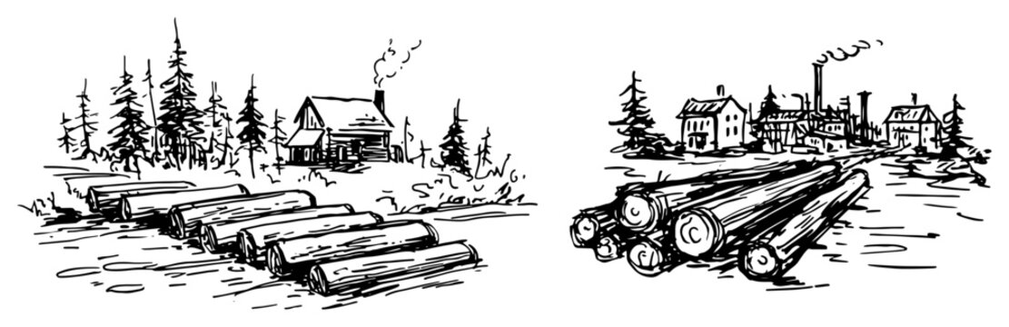 Piles of cut wood logs in front of forest and sawmill factory hand drawn sketch