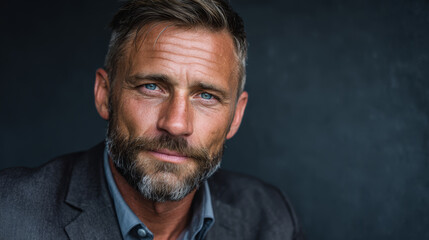 Obraz premium Close-up portrait of a mature man with blue eyes and a beard, looking thoughtful