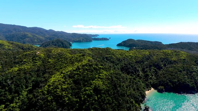 Aerial view of lush green hills meet the turquoise waters in Abel Tasman National Park, creating a vibrant contrast, Abel Tasman National Park, Tasman Region, New Zealand.