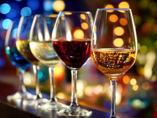 Fototapeta premium Row of wine glasses with red, white, and blue wines on a dark background with colorful bokeh lights. Perfect for wine tasting, celebration, or restaurant menu presentation