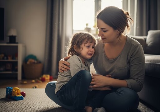 Mother comforting crying child at home. Woman hugging sad girl to show support and empathy. Parenting and childhood emotional development. Maternal love and care in difficult situation.