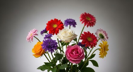 Obraz premium Vibrant bouquet of assorted colorful flowers on gray background