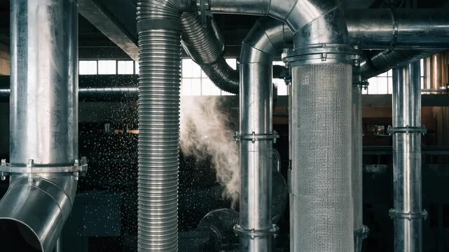 Medium shot of a complex ductwork maze within an industrial dust filtration system showing the intricate airflow paths treating exhaust air in a manufacturing plant.