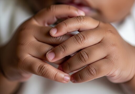 Close up of baby hands held together. African american infant fingers touching. Small child skin texture. Concept of childhood, innocence, safety, protection, care and human development.