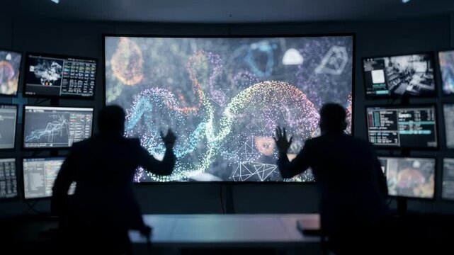 Medium shot displaying synchronized data monitoring during a disaster recovery drill with the main display screen crisply focused and adjacent consoles fading into the background.