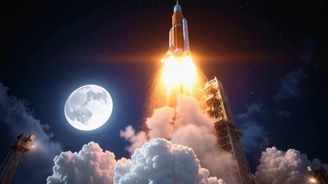 Space launch vehicle igniting engines on launchpad at night under full moon. Rocket lifting off with bright fire and smoke plumes. Tilt up shot.