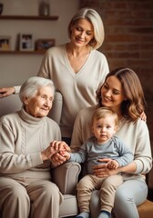 Obraz premium Grandmother, mother and daughter with baby boy sitting together at home. Generations of happy women holding hands with child. Family connection, love, support and togetherness concept.