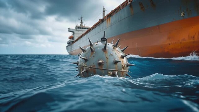 Rusty naval contact mine floating in choppy ocean water with large oil tanker approaching. Concept of maritime security and naval warfare. Panning camera movement.