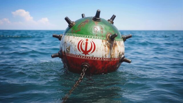 Naval mine with Iranian flag floating in open sea. Conceptual video of maritime security and military threats.