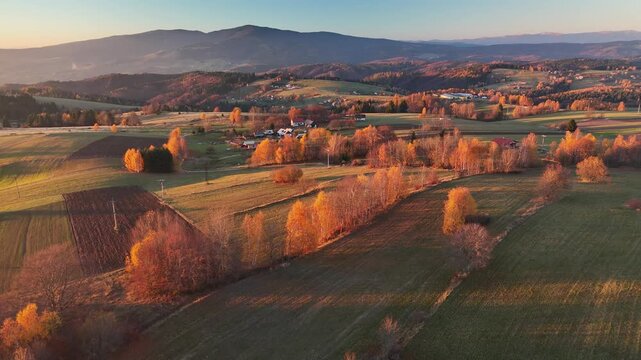 Aerial view of rolling hills with colorful autumn trees, fields, and scattered houses in the serene landscape, Detvianska Huta, Banska Bystrica Region, Slovakia.