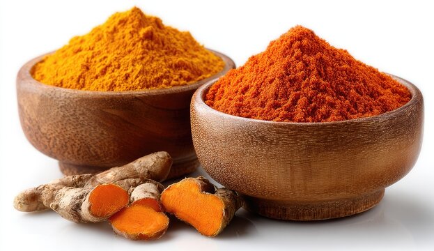 Spices Turmeric & paprika in wood bowls & root pieces
