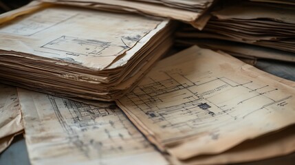 Naklejka premium Stacks of old yellowed paper with faded blueprints and diagrams