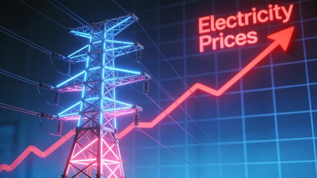 Rising electricity prices text and glowing red arrow behind neon transmission tower. Static wide shot.