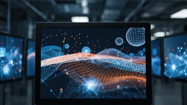 Focused view of a monitor displaying institutional mandate portfolio optimization using nextgen quantum algorithms other screens softly out of focus.