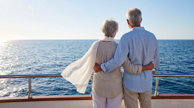 Senior couple standing on a yacht, embracing while gazing at the open ocean view during a sunlit day, epitomizing retirement bliss and travel enjoyment. Image made using Generative AI.