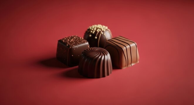 Four assorted chocolate candies on a red background with different shapes and designs