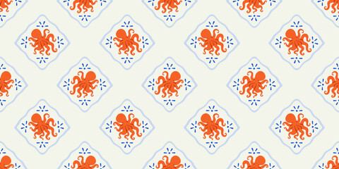 Stoffe zum Nähen Octopus animal seamless pattern. Summer background drawing design. Beach vacation travel concept. Mosaic tile hand drawn backdrop illustration.