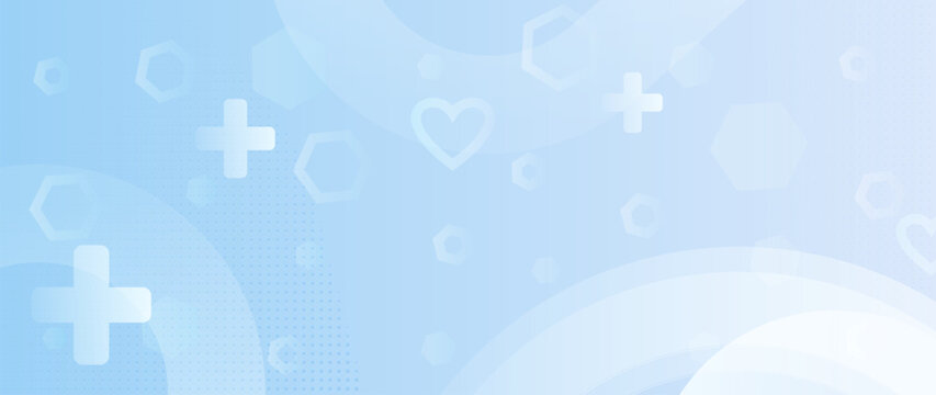 Abstract light blue healthcare background. Translucent medical crosses, hexagons, heart icons. Clean gradient design with soft glow. Modern medical backdrop for clinics, telemedicine, presentations