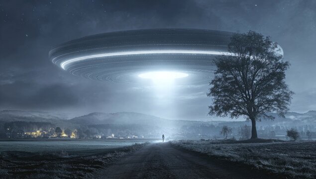 UFO hovers, beaming light on a figure in night landscape