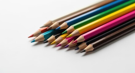 Fototapeta premium Vibrant colored pencils arranged in a row on white background for art and design