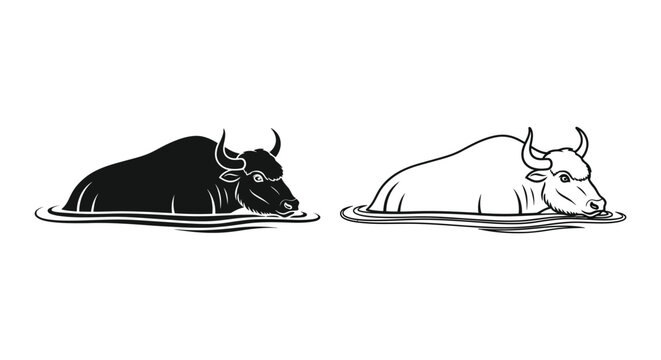 Buffalo Relaxing in Water - Calm Animal Sketches Vector