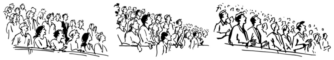 People sitting in rows looking up at screen or stage in hand drawn sketch style © Celestynka