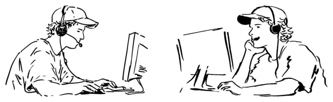 Young gamer with headset sitting at computer desk in sketchy line art style