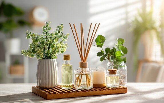 A wooden tray holds a reed diffuser, aromatic oils, a candle, and small plants