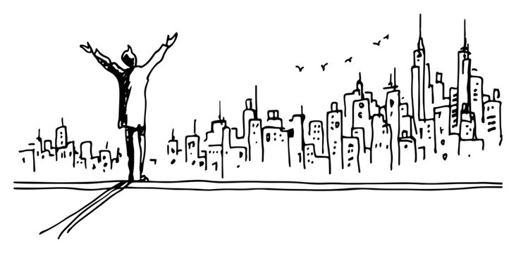 Man standing on rooftop with arms open wide overlooking city skyline in minimalist sketch style