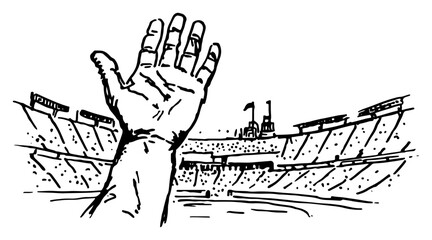 Raised hand in front of stadium stands during match in minimalist ink sketch style © Celestynka