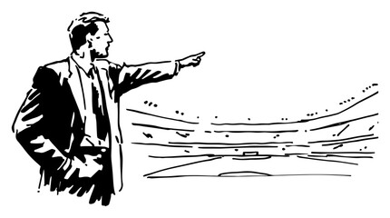 Soccer manager pointing at a large stadium arena in hand drawn line art style © Celestynka