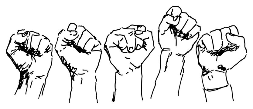 Clenched fists raised in air as symbol of power minimalist ink sketch style