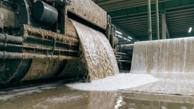 Medium shot of a continuous board casting line pouring wet slurry onto a moving paper facer creating the core layer for wallboards in a streamlined manufacturing process.
