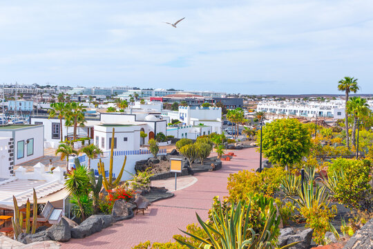 Playa Blanca town in Lanzarote, Canary Islands, Spain. Scene features white buildings, lush palm trees, and a red-paved promenade under a clear sky with a soaring seagull