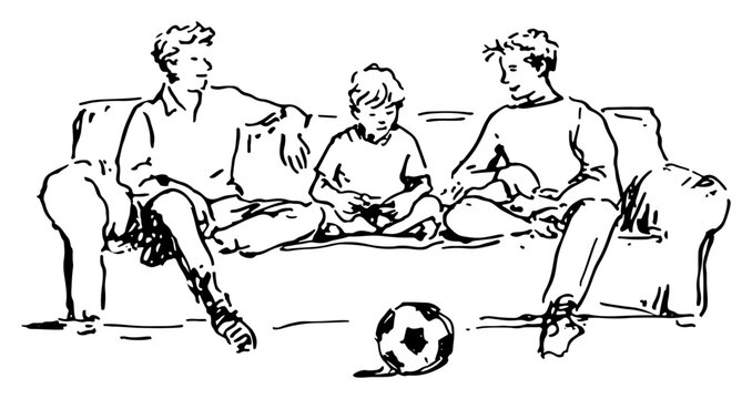 Family sitting on a sofa with a soccer ball watching sports in hand drawn line art style
