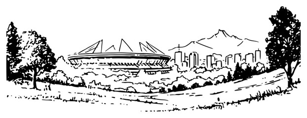 Fototapeta premium Stadium and city skyline panorama with trees in minimalist ink sketch style