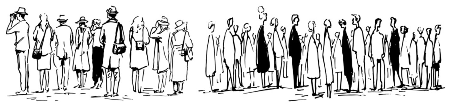 Long queue of people standing in line in minimalist hand drawn ink sketch style