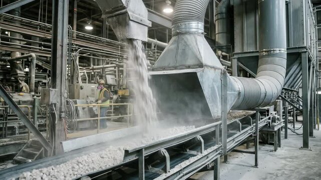 Medium shot of localized hood extracting dust directly from gypsum processing area showcasing targeted air filtration in busy industrial operation.